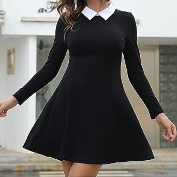 Aphratti Black Long Sleeve Dress with White Collar, Wednesday Adams Style - Picture 2 of 12